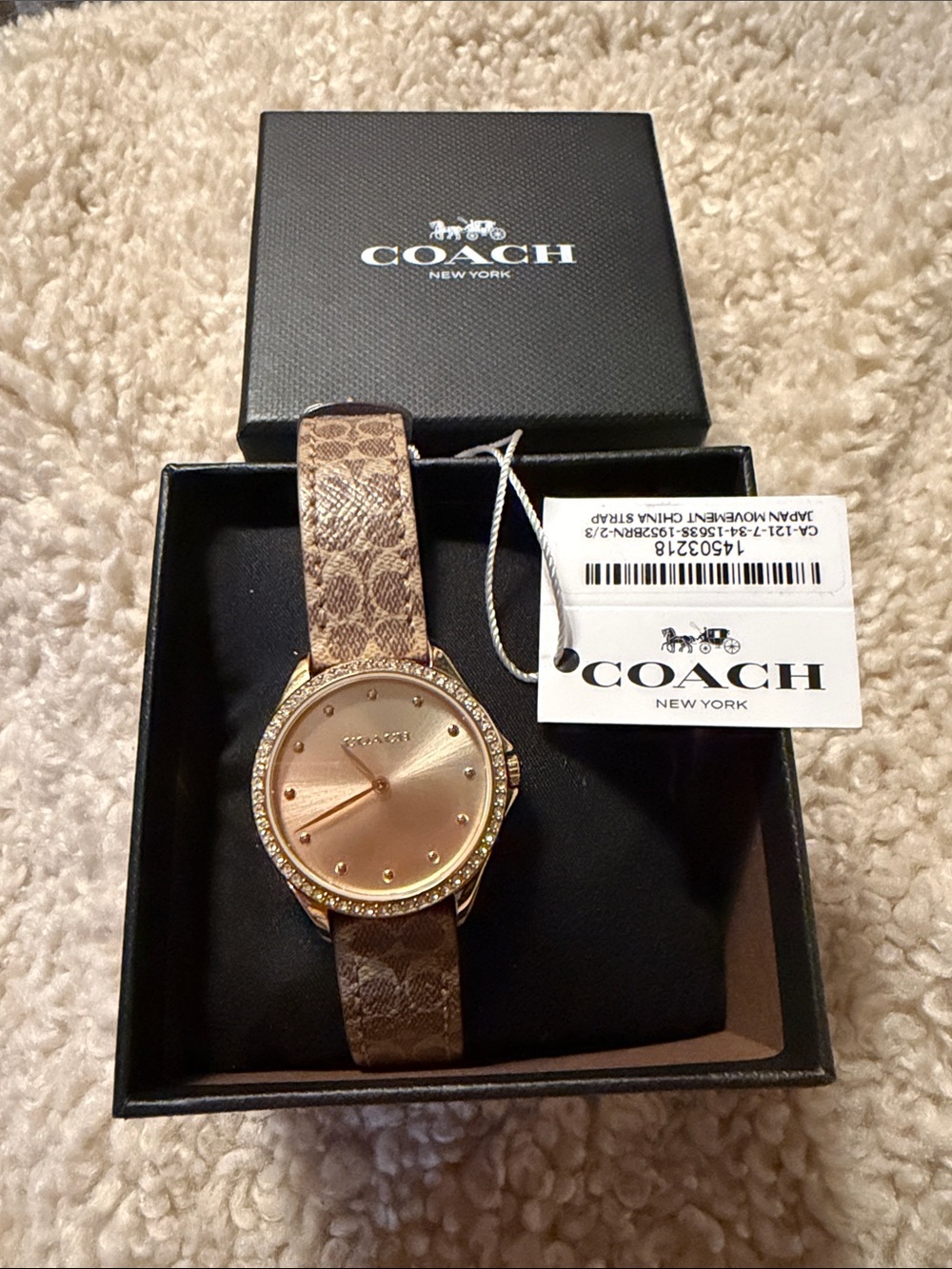 COACH Gold Dial Signature Logo Leather Strap Watch